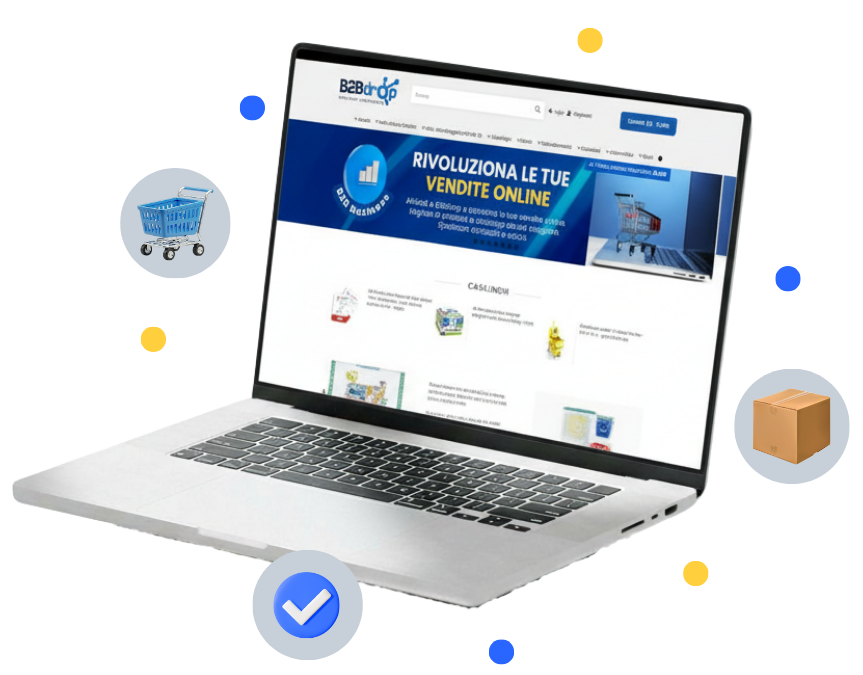 Lo shop B2Bdrop su un laptop, con carrello e pacco in spedizione